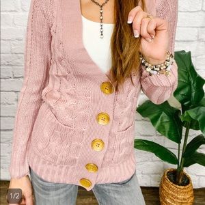 Long sleeve cable-knit sweater with buttons, size small, color MAUVE